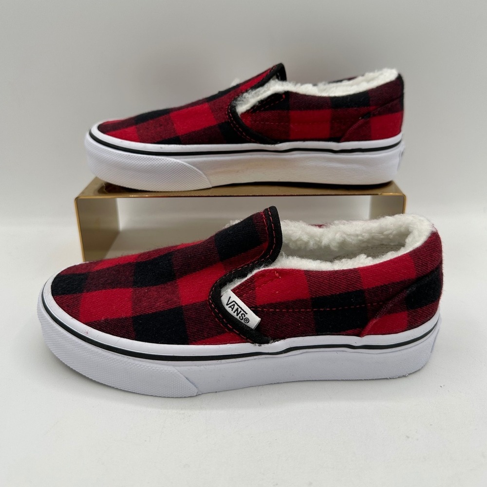 VANS Classic Slip-On Sneakers Sherpa Faux Fur Lined Black Red Buffalo Plaid 12.5